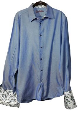 Robert Graham Blue Geometric Dress Shirt Paisley Contrast Trim Size L 16.5 42
